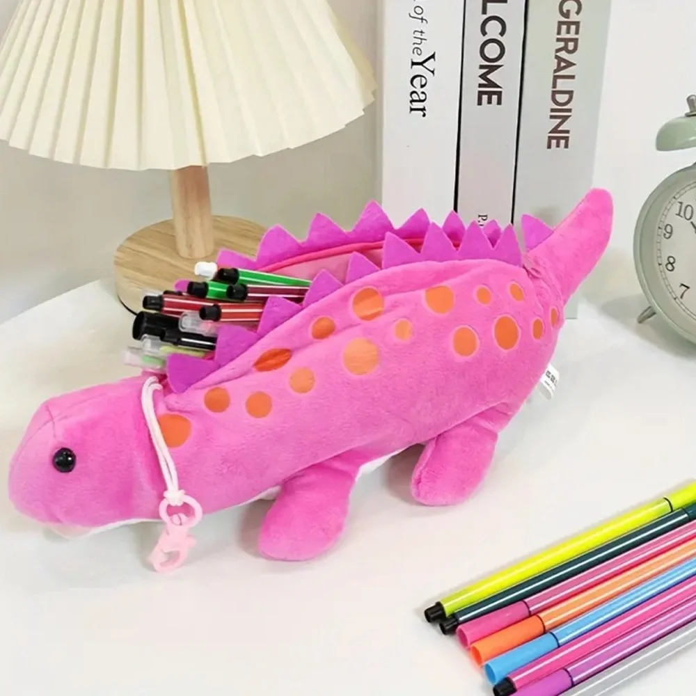 Dinosaur Hot Pink Pencil Case Plush  Large Capacity Snack Bag Travel